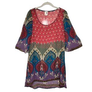 Pink Owl Multicolor Boho 3/4 Sleeve Hi-Low Semi Sheer Sheath Dress  - Sz M